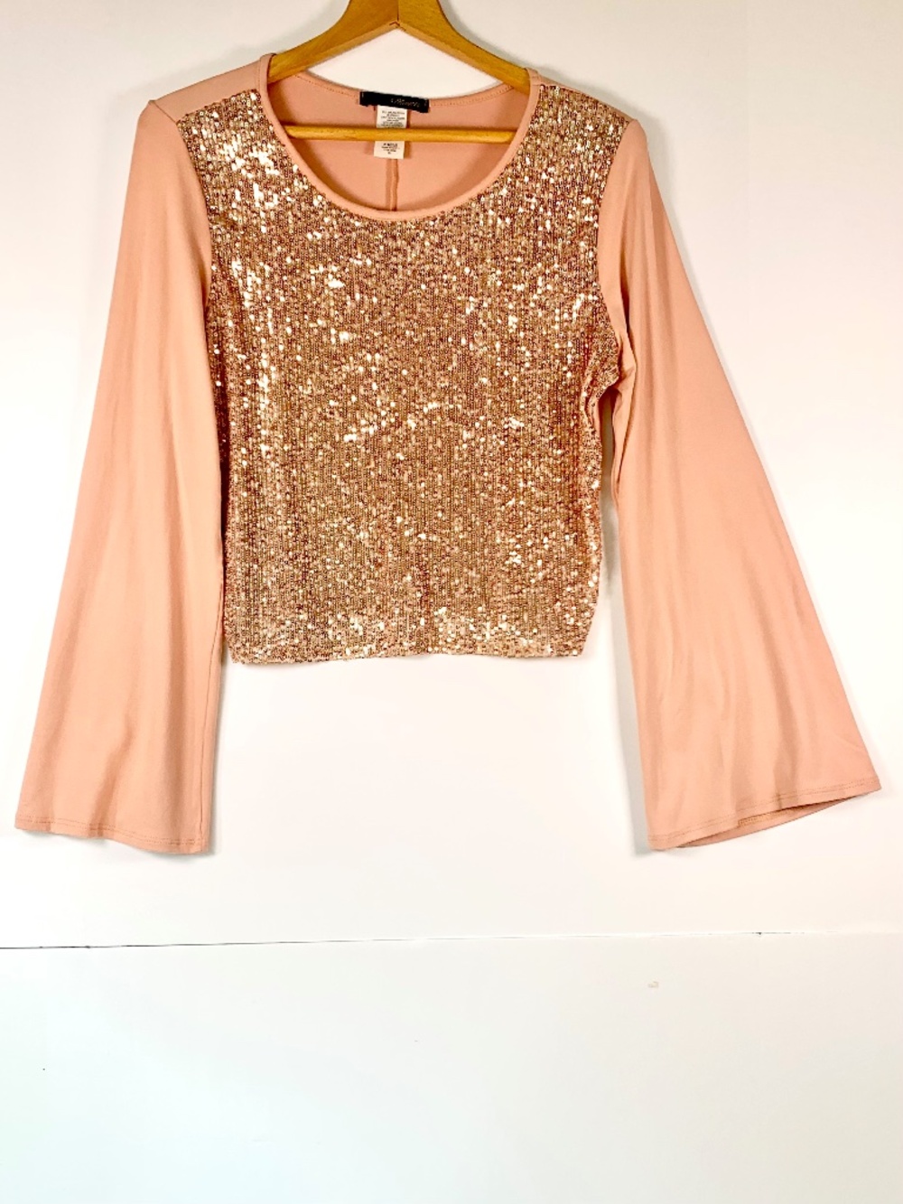 Minette Rose Gold Sequined Crop Top Long Bell Sleeves Pink Peach Party Festival